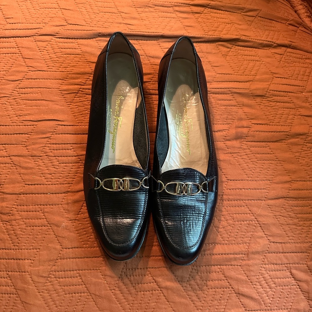 Salvatore Ferragamo Black Leather Animal Print Loafers for Women